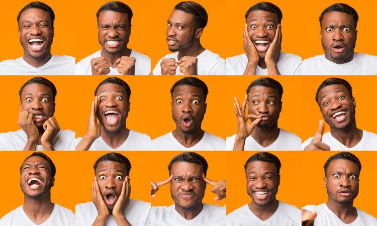 Different Emotions Collage. African American Guy Grimacing Expressing Series Of Negative And Positive Emotions On Orange Background