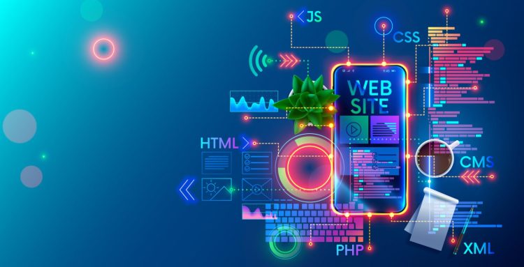 Mobile Website development technology conceptual illustration. Design of internet pages of layout site on screen phone. Programming software of smartphone apps and webpages. M-commerce concept.