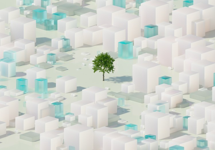 Digital generated image of lonely tree in generic urban landscape.