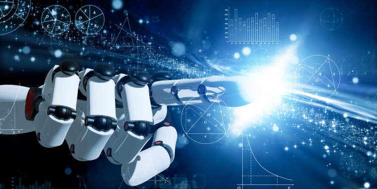 Science technology concept. Robot hand pointing galaxy image. Hyperautomation concept