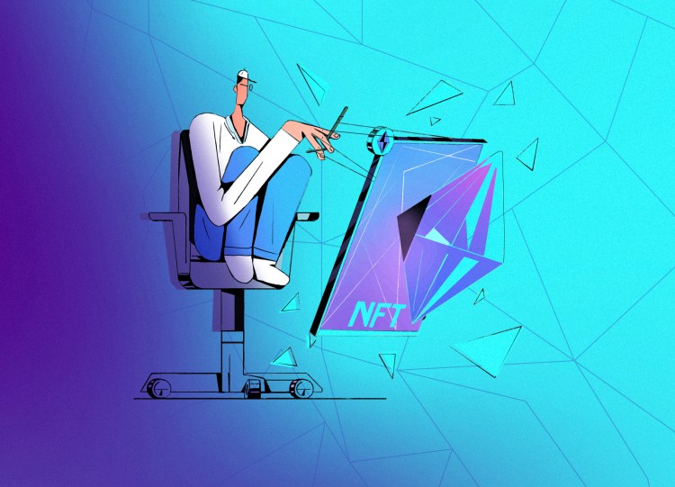 Digital Artist make nft. Futuristic concept art token collectible. Pay for illustrating concept of unique non fungible tokens collectible art. Decentralized cryptoart card on gradient background.