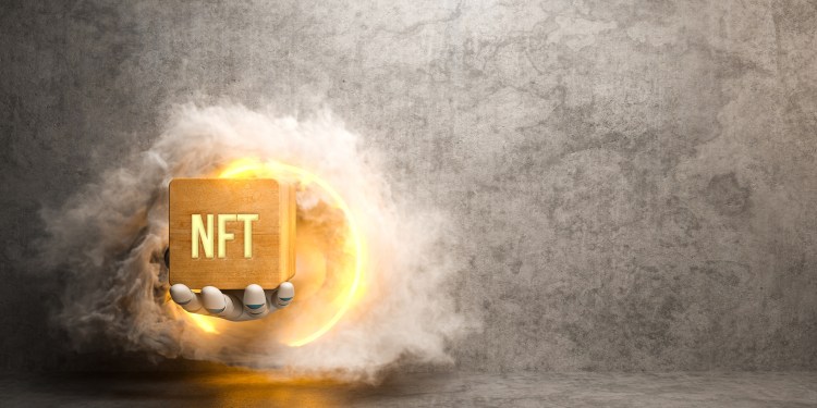 robot hand handing a cube with the message NFT out of portal in a concrete wall with smoke surrounding it - 3d illustration