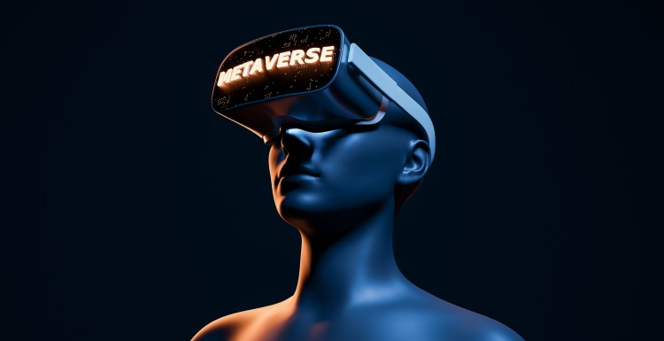 conceptual and futuristic 3d woman with virtual reality goggles and illuminated METAVERSE sign. futuristic concept of video games, NFT, VR and crypto. 3d rendering