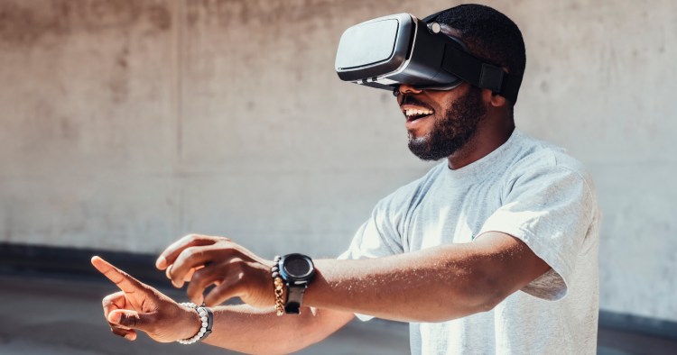 Person uses VR glasses: employee experience concept