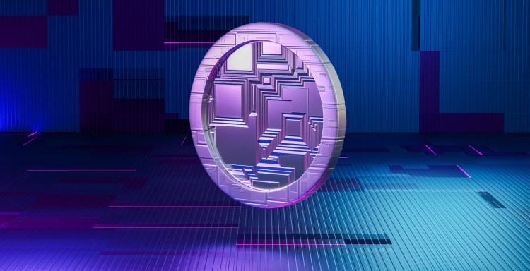 Computer graphic of standing coin. Abstract futuristic background. Economy, money and finance concept. Non-branded coin, gender and crypto concept