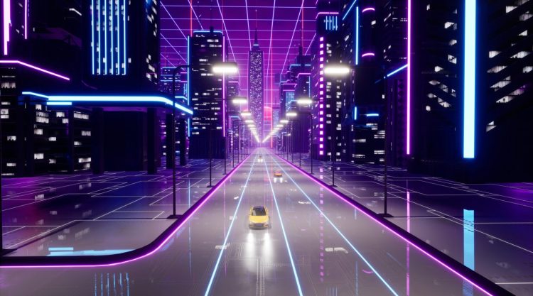 Metaverse city with transport car, 3d render
