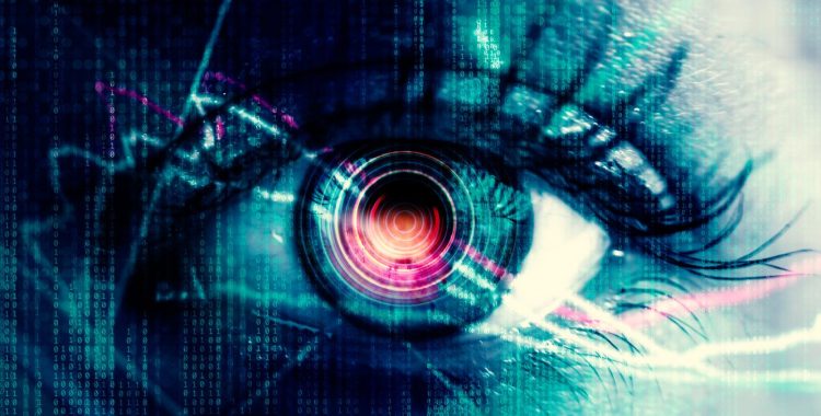 Close up of digital eye and binary code