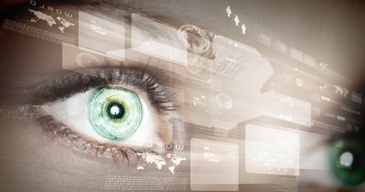 Eye viewing digital information represented by circles and signs