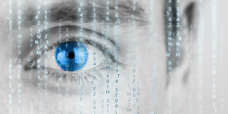 Futuristic image with human eye with blue iris and matrix texture.