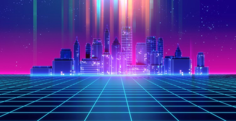 Retro futuristic skyscraper city 1980s style 3d illustration. Digital landscape