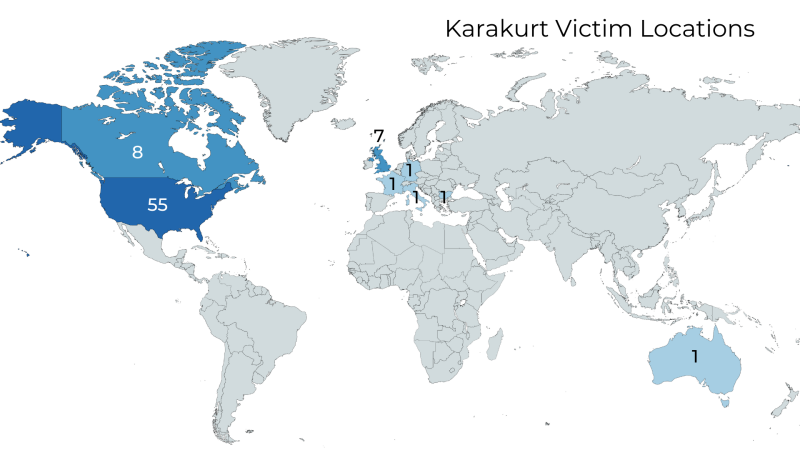 Map of Karakurt victim locations. 55 attacks were in the U.S., Canada had 8, and the UK had 7.