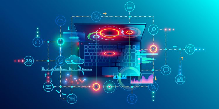 Programming or Software development abstract concept. Top view at screen laptop with business icons, programming language or fragments coding. Technology banner of Software developer company