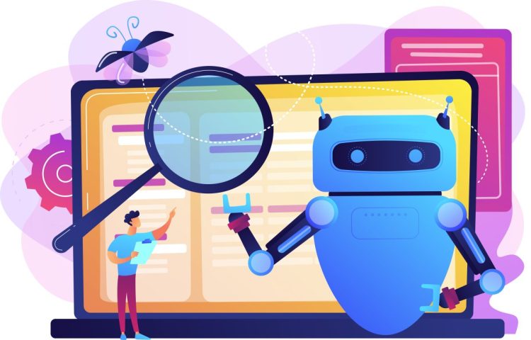 Controller reading regulations to robot. Artificial intelligence regulations, limitations in AI development, global tech regulations concept. Bright vibrant violet vector isolated illustration
