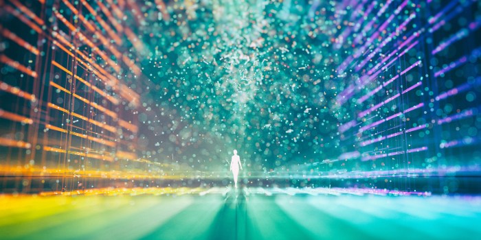 Abstract multicolored grid and a glowing figure surrounded by particles in the center