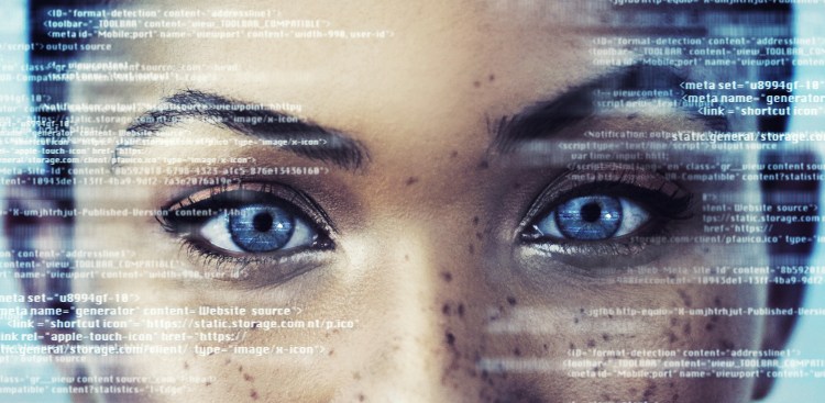 Person's eyes and code - women in cybersecurity concept
