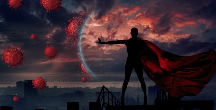 Concept of medical doctors fighting against global pandemic virus . Abstract silhouette portrait of young hero woman with super person red cape protect city from corona virus outbreak.