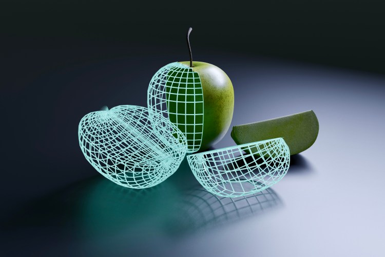 Digital illustration of a wireframe of an apple.