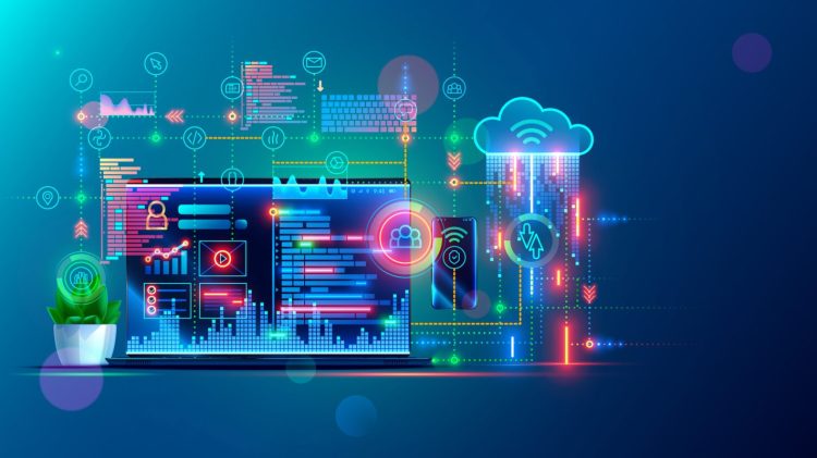 Software development, web coding on laptop. synchronization work data with cloud storage. Programming applications concept. Website design, coding, optimization for phone. remote work in home office.