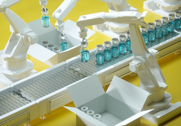 Digital generated image of COVID-19 vaccine bottles moving along robotic production line and being packed into delivery box.
