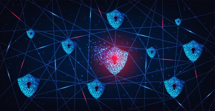 Internet attack design concept.The shield symbol was destroyed. notification about threat of Internet attack, cybercrime concept.