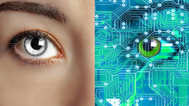 Closeup of face half human and half android or robot