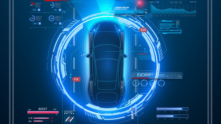 Automatic braking system avoid car crash from car accident. Concept for driverless car and car hack attack