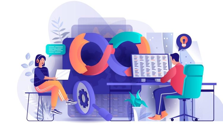 DevOps concept in flat design. Development operations scene template. Team of programmer working at laptop, coding, testing, engineering process. Vector illustration of people characters activities