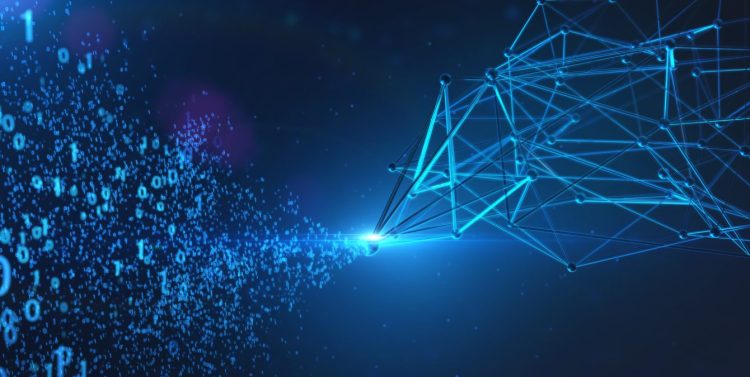 Abstract image of binary data connected to network.