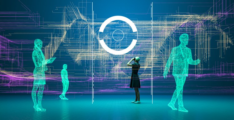 Woman using VR goggles, 3D generated image.