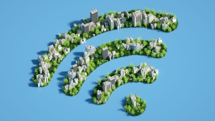 Digital generated image of green cityscape in shape of WIFI sign on blue background.