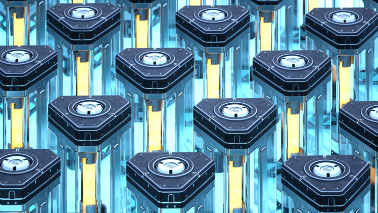 Digital generated image of triangular shaped battery made out of metal, glass and glowing element inside.