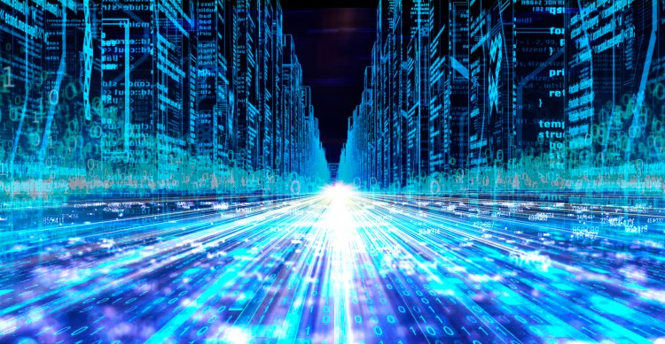 Business man observing fast speed dataflow.