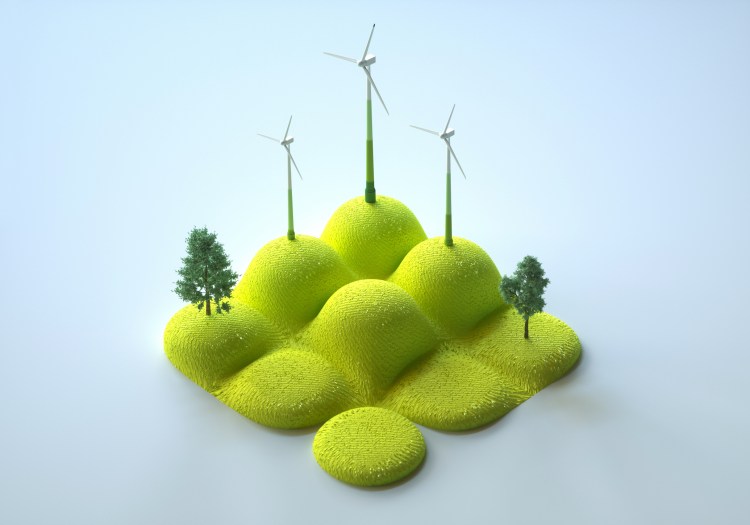 Digital generated image of toy looking landscape terrain with trees and miniature wind turbines on it on white background. cloud sustainability