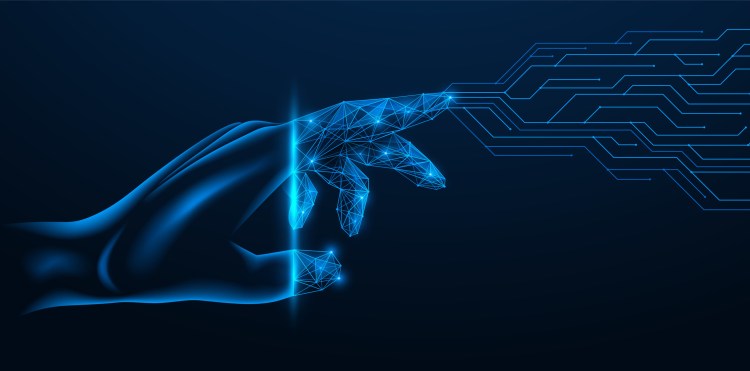 Printed circuit board coming from the finger of the hand. Polygonal design of interconnected elements. Blue background.
