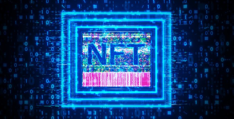 Abstract transparent art frame with NFT text on binary background.