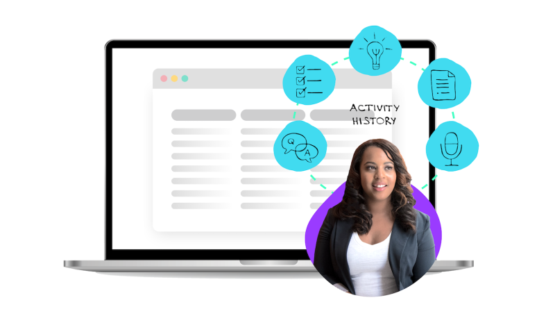 Lynk's knowledge management platform illustration - woman with thought bubbles of q&A to do lists, ideas, etc
