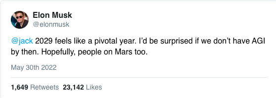 Elon Musk
@elonmusk
Replying to
@jack
2029 feels like a pivotal year. I’d be surprised if we don’t have AGI by then. Hopefully, people on Mars too.