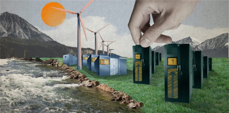 illustration of the sun, wind turbines, and data banks on a grassy field to represent sustainability, environment, recycling, ESG