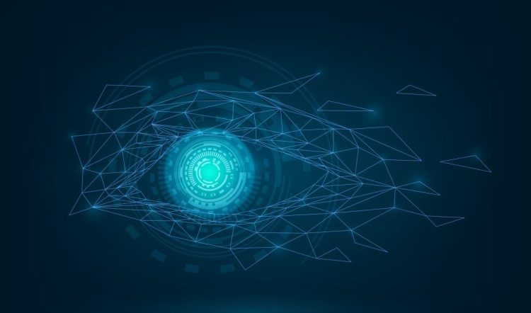 Glowing eye, robot eye, biometric recognition concept, technology, computer vision and security