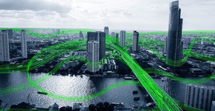 Black and white smart city with data communication flow network, communication technology concept