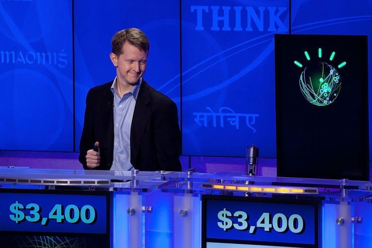 YORKTOWN HEIGHTS, NY - JANUARY 13:  Contestant Ken Jennings competes against 'Watson' at a press conference to discuss the upcoming Man V. Machine "Jeopardy!" competition at the IBM T.J. Watson Research Center on January 13, 2011, in Yorktown Heights, New York.  (Photo by Ben Hider/Getty Images)