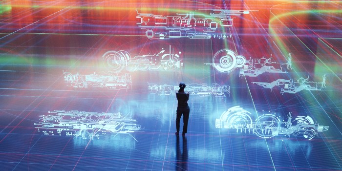 Virtual reality with woman interacting.