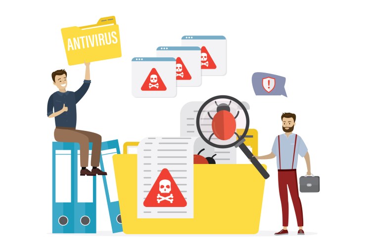 Cartoon programmer and system administrator search viruses and bugs in folders. Antivirus scan. Data protection, cyber crime problems. Teamwork, digital security. Flat vector illustration