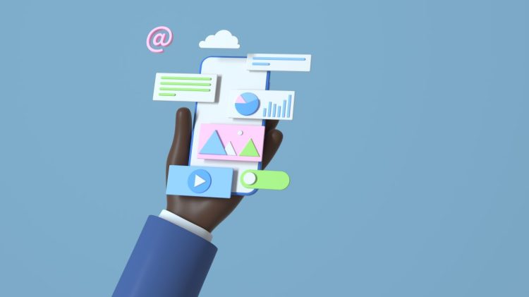 Image of person holding smartphone with various mobile and enterprise apps.