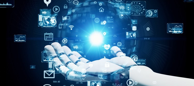 Communication network concept. Robot hand. 3D rendering.