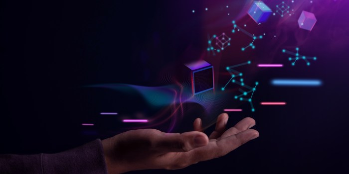 Metaverse, Web3 and Blockchain Technology Concepts. Opened Hand Levitating Virtual Objects. Futuristic Tone