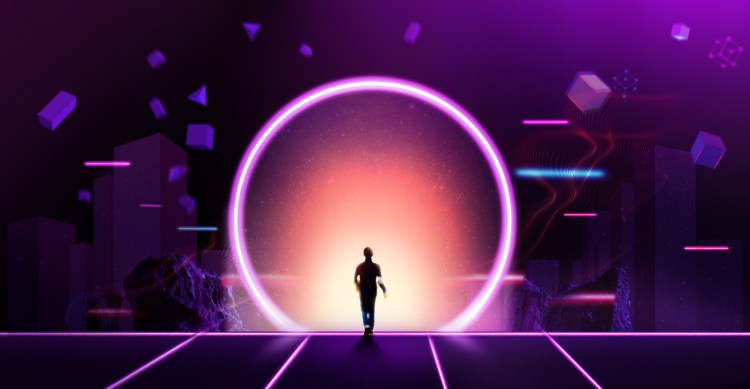 Moving Forward to Metaverse, New Technology, Web3.0, Blockchain and the Next Layer of the Internet Concepts. Man Steps into Future Door. Futuristic Tone"