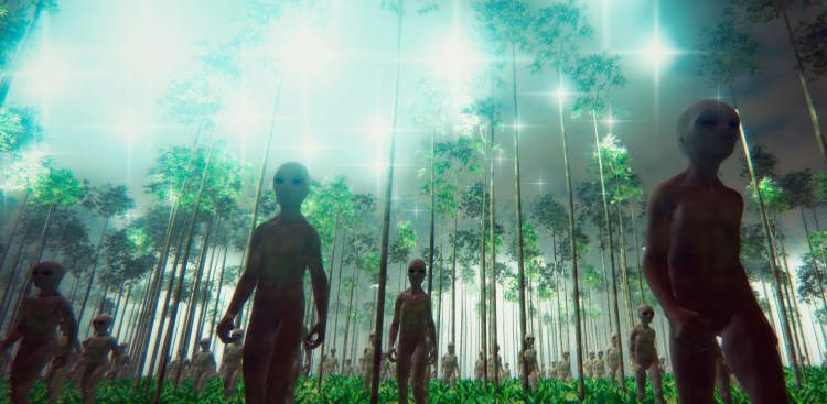 Alien UFO invasion in the forest at night.