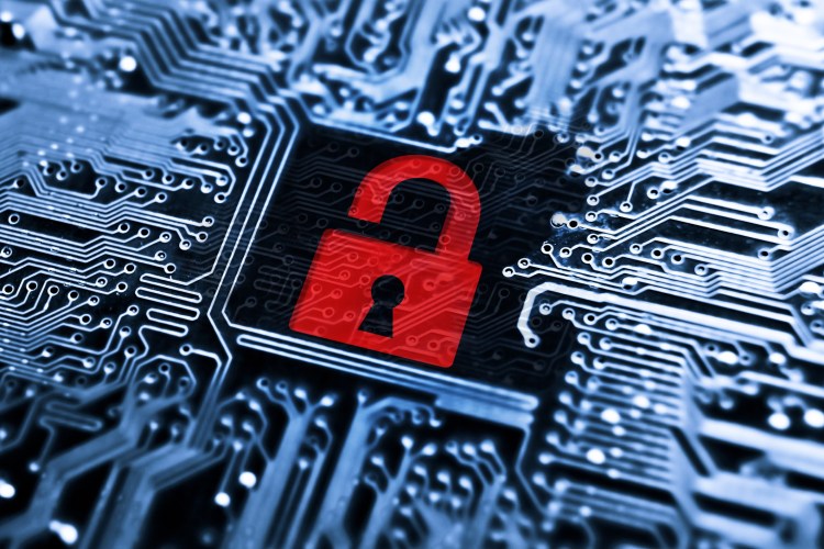 Hacked symbol on computer circuit board with open red padlock