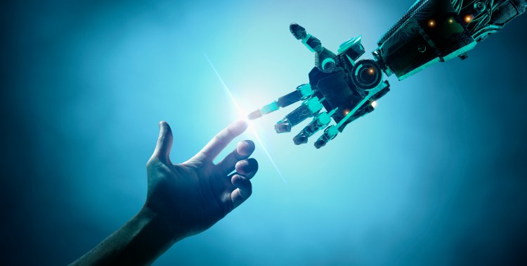 Hand touching robot hand